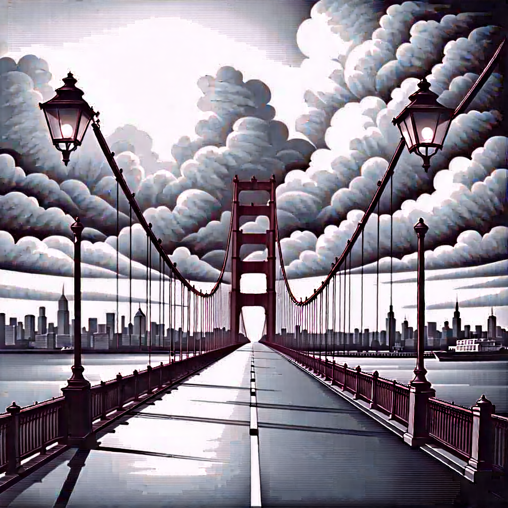 Urban Etching: Iconic Bridge With Dramatic (clouds:1.28) With Black White