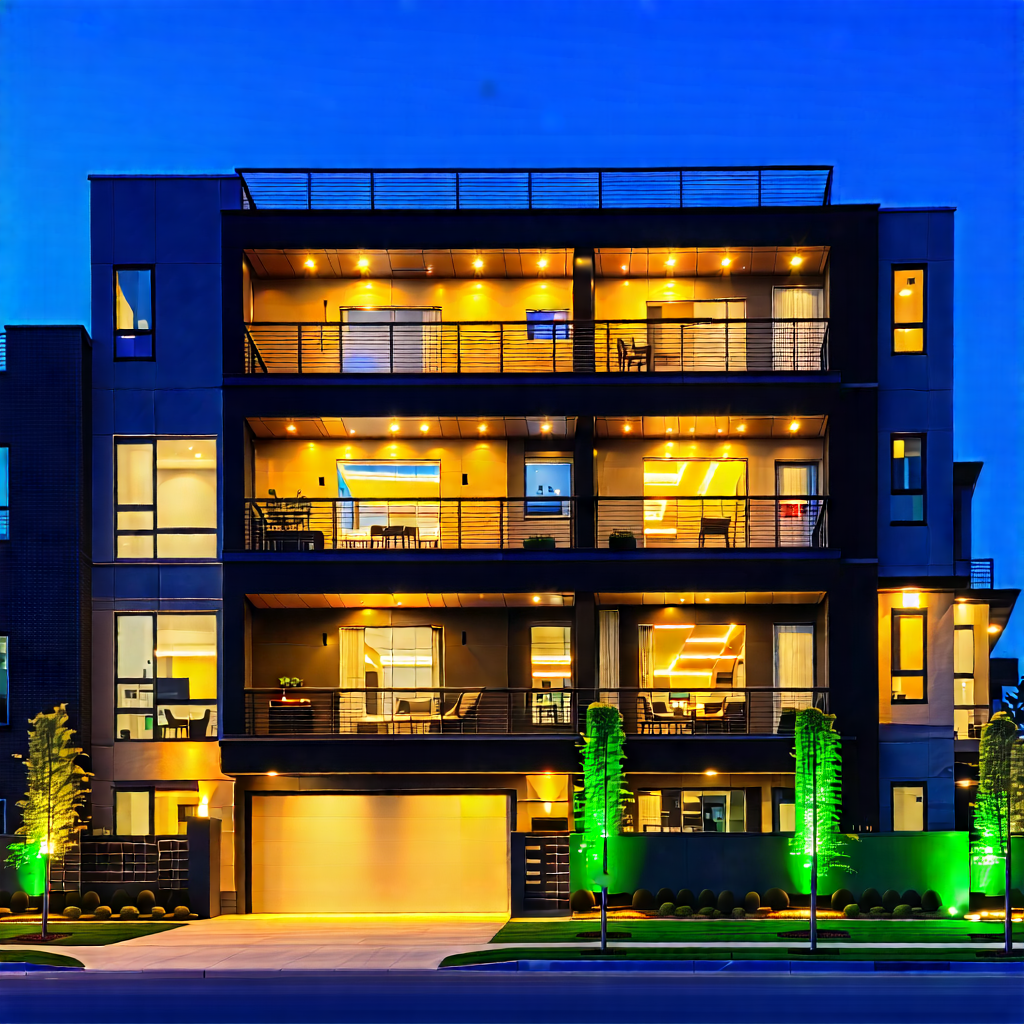 Urban Landscape Photography: Modern Apartment Complex With Dramatic (lighting:1.38) With Large, Modern