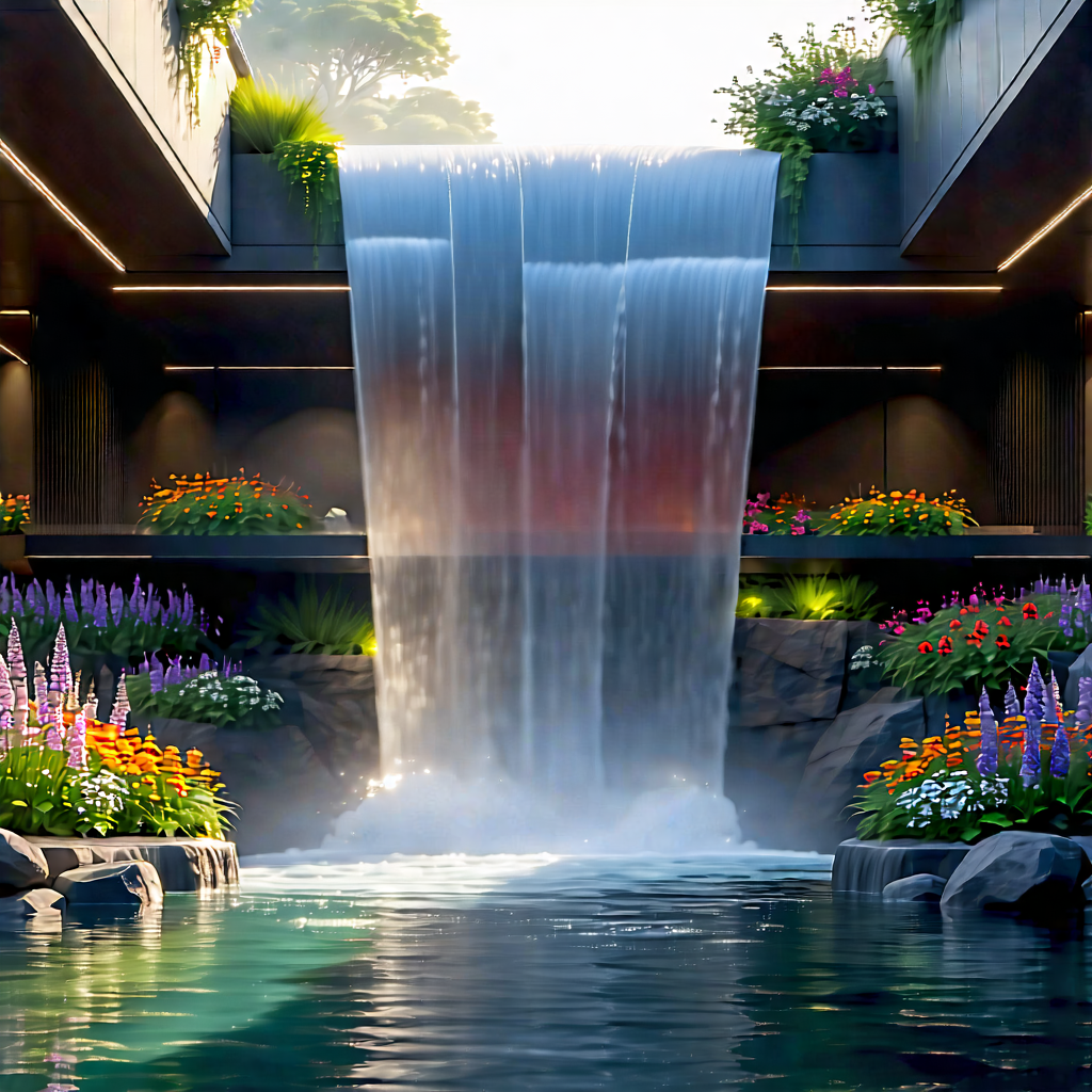 Nature Architectural Photography: Waterfall Pool Surrounded By Wildflowers With Large Waterfall