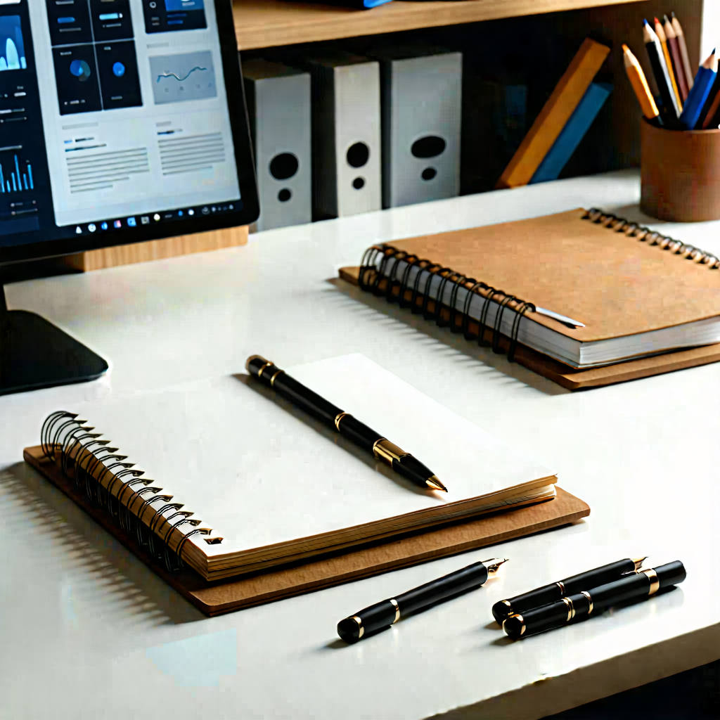 Business Blender Artwork: Workplace with notebooks and pens on desk