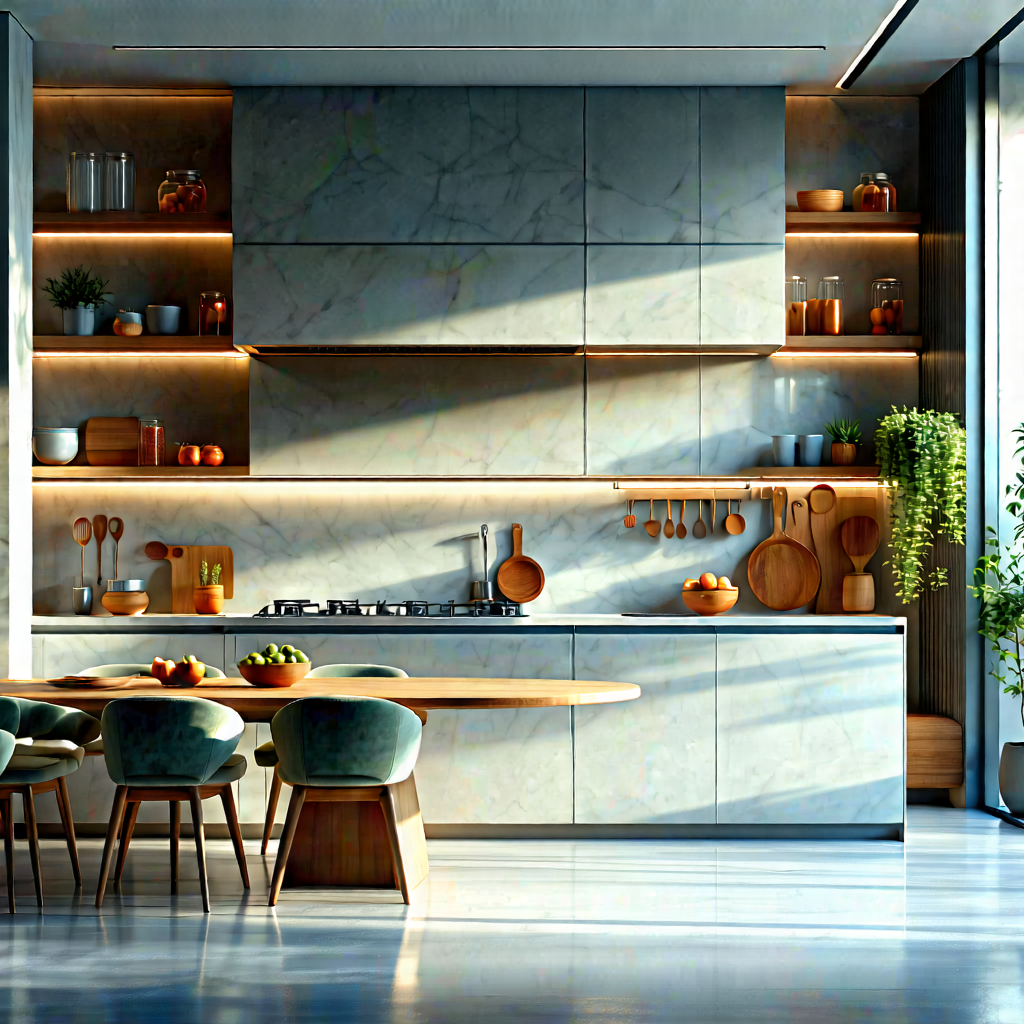 Lifestyle Pastel Drawing: Modern Kitchen With Warm Lighting With Large, Modern