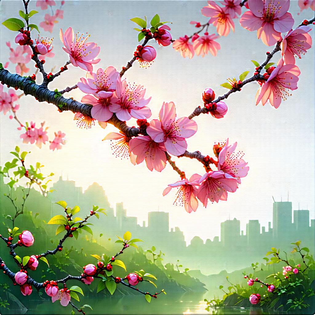 Nature Watercolor Painting: Cherry Blossoms In Natural Setting With Beautiful Tree