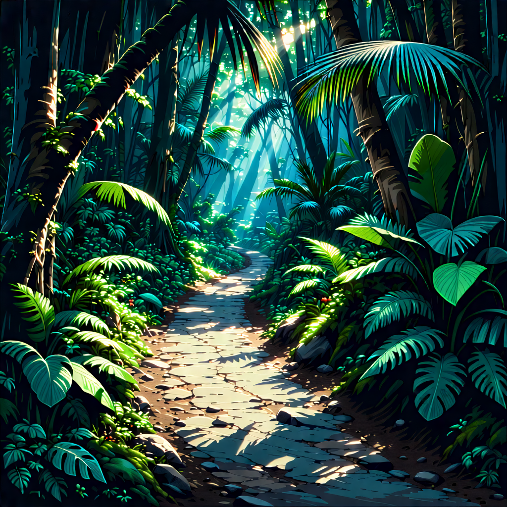 Nature Lithograph: Path Through Tropical Jungle With Lush, Green