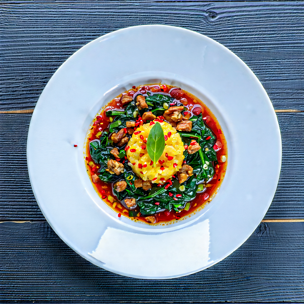 Lifestyle Product Photography: Plant-based Dish Prepared With (vibrant:1.12) Colors With White Plate