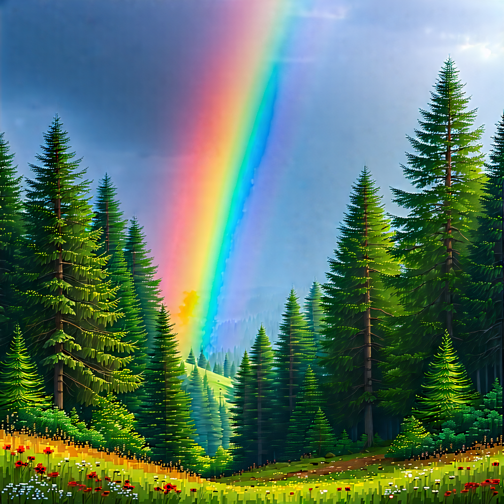 Nature Graphic Design: Rainbow Over (forest:1.27) Clearing With Beautiful Scene