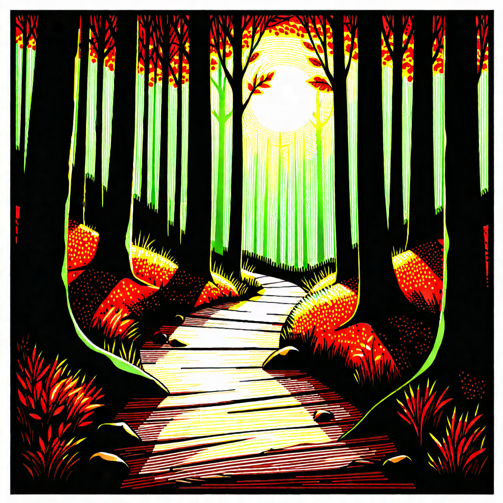 Nature Linocut Print: Path through autumn woodland