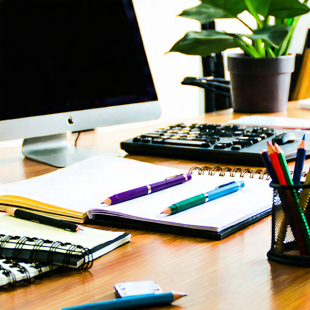 Business Landscape Photography: Workplace with notebooks and pens on desk