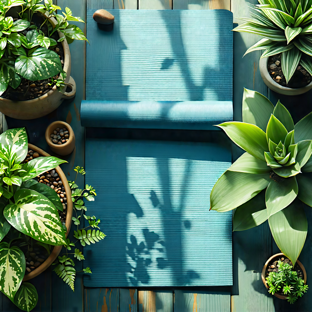 Lifestyle Aerial Photography: Wellness Scene With Yoga Mat And Plants With Wooden Table