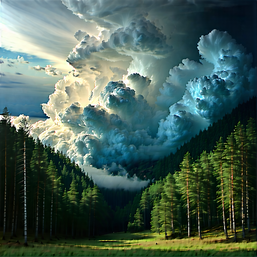 Nature Lithograph: Dramatic Clouds Over (forest:1.25) Clearing With Lush Green