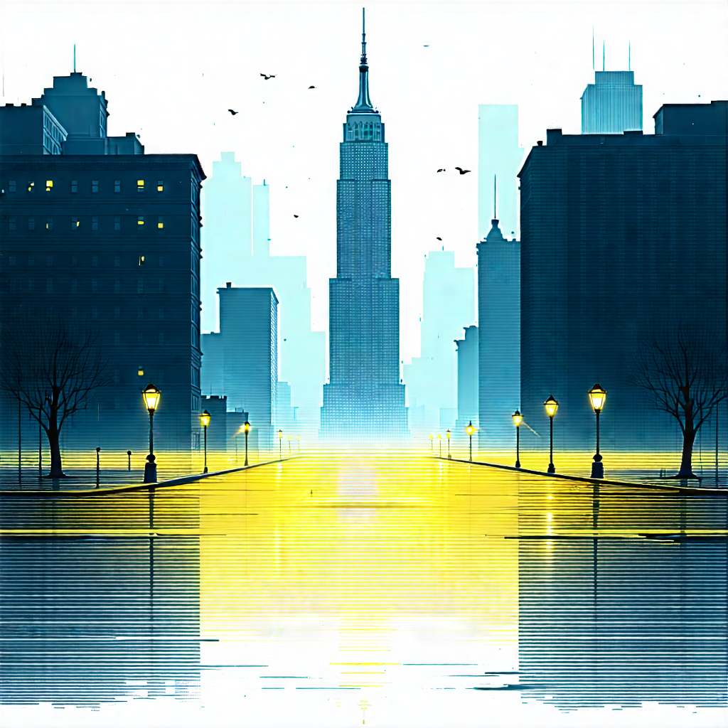 Urban Etching: Famous Building With (rain:1.16)-slicked Streets With City Street