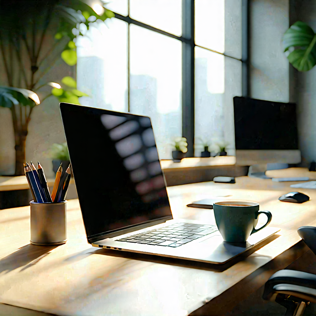 Business Octane Render: Workplace with laptop and coffee on desk