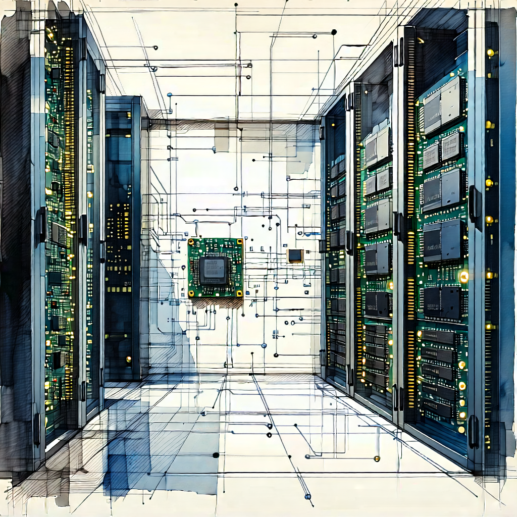 Tech Ink Drawing: Close-up Of Memory Module With Drawing Computer