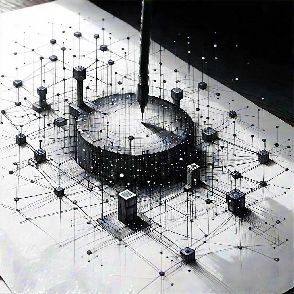Tech Charcoal Drawing: Blockchain network visualization