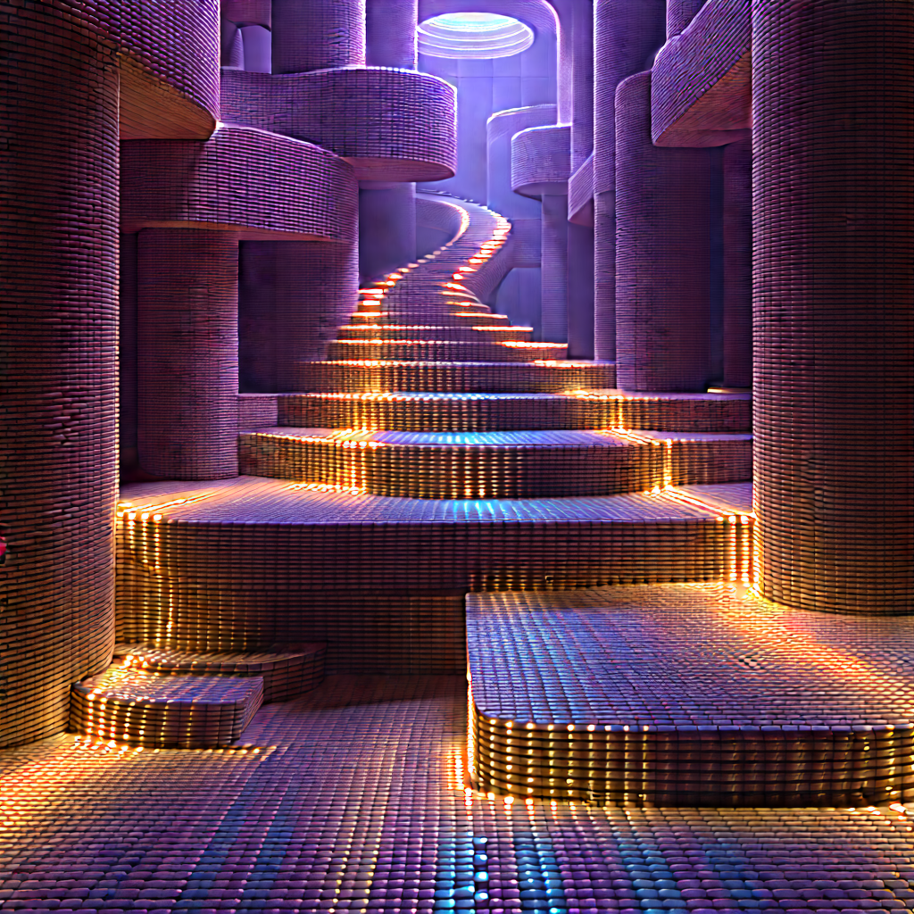 Abstract Cyberpunk Style: Woven Forms With Staircase Purple