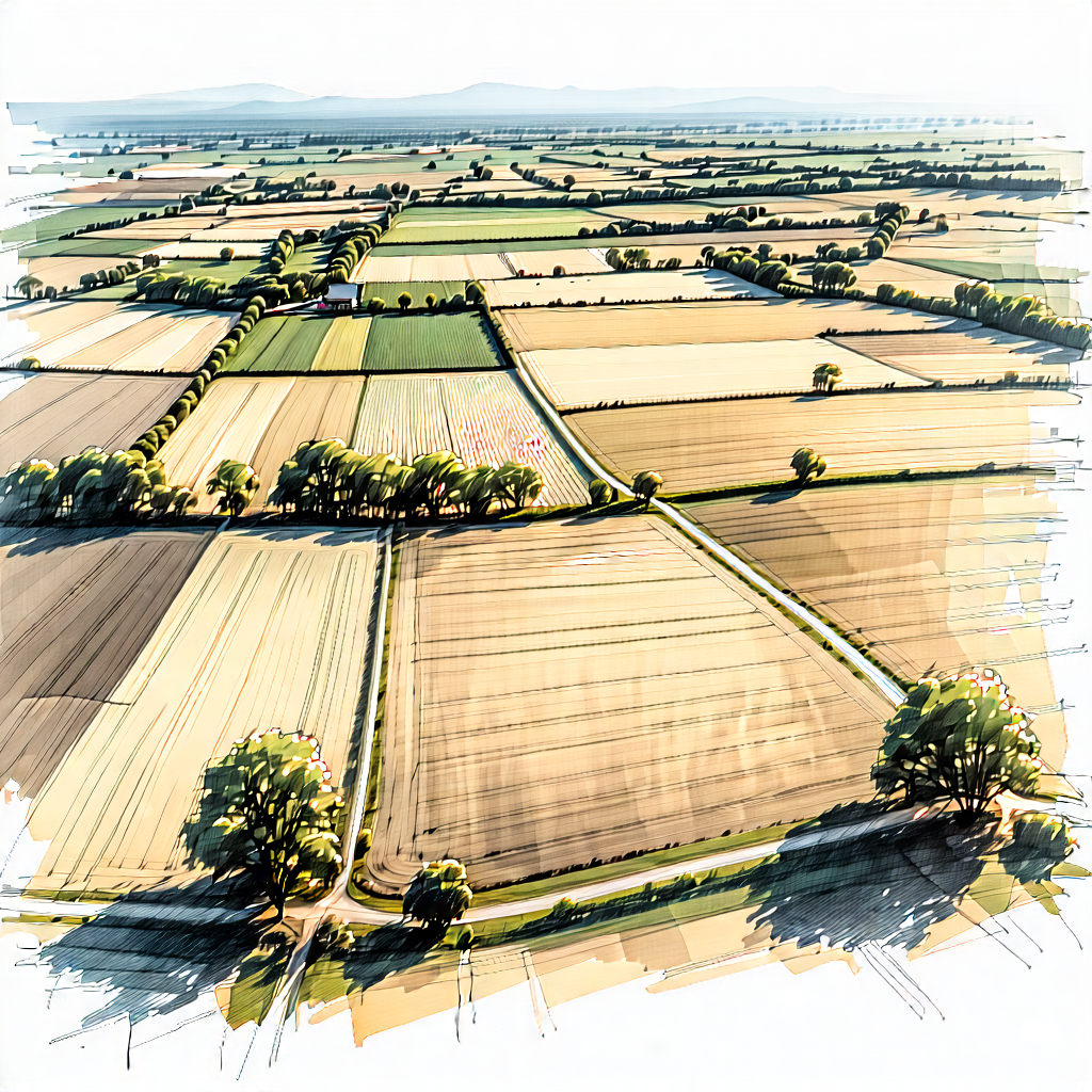 Nature Pencil Sketch: Aerial View Of Agricultural Fields With Painting Large,