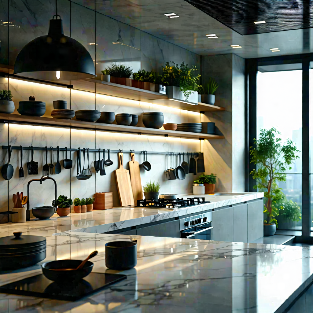Lifestyle Tilt-shift Photography: Modern Kitchen With Organized Space With Showcases Large,