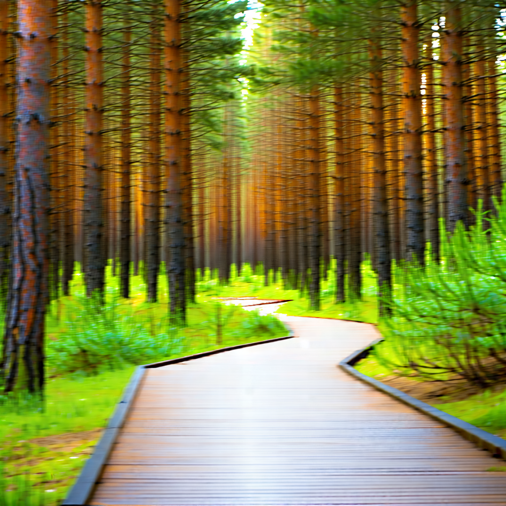 Nature Architectural Photography: Path Through Pine (forest:1.16) With Wooden Pathway