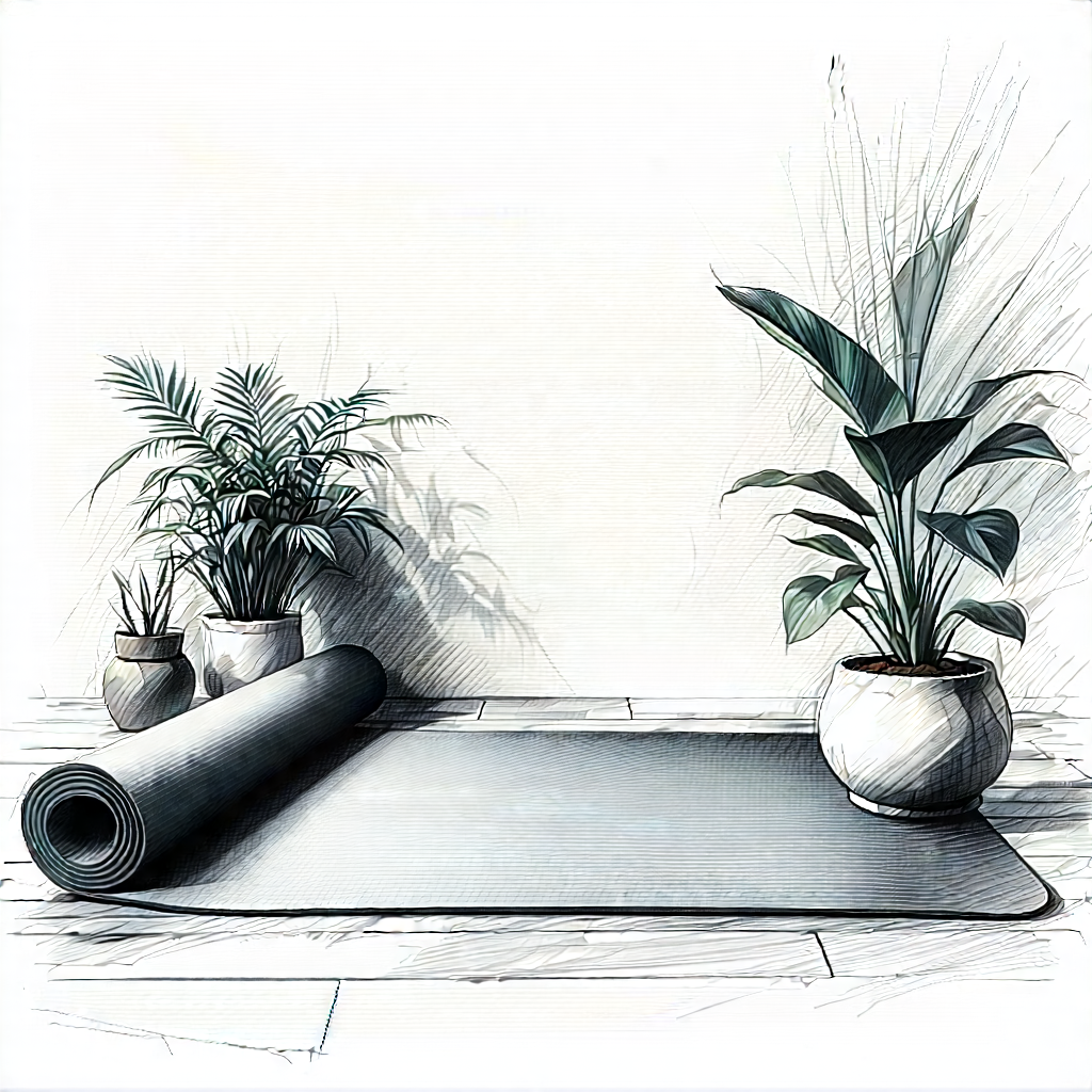 Lifestyle Charcoal Drawing: Wellness Scene With Yoga Mat And Plants With Image, There