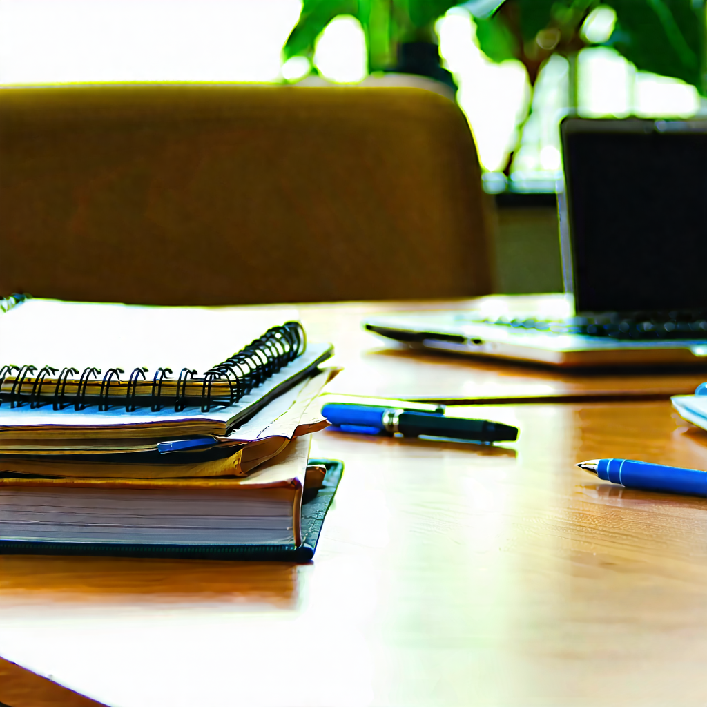 Business Macro Photography: Workplace With Notebooks And Pens On Desk With Wooden Desk