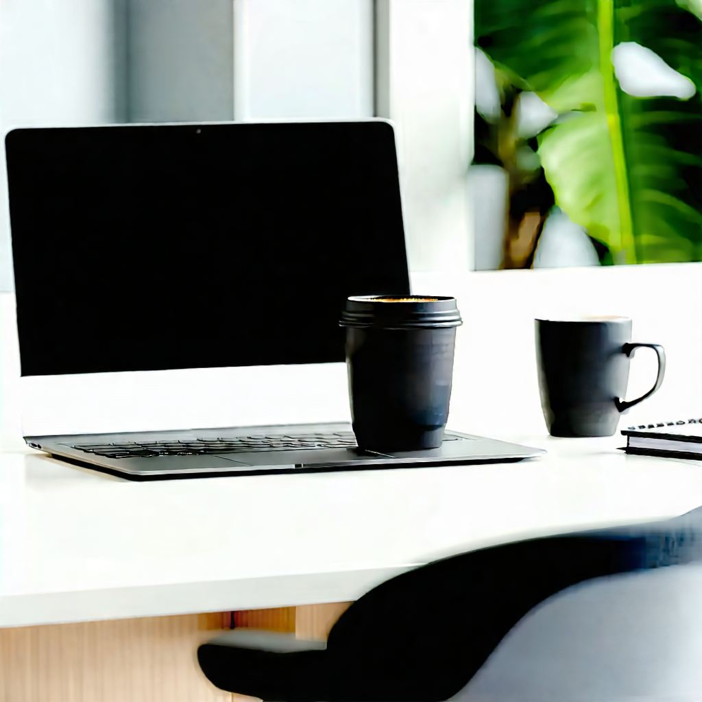 Business 3d Render: Workplace With Laptop And Coffee On Desk With Laptop Computer