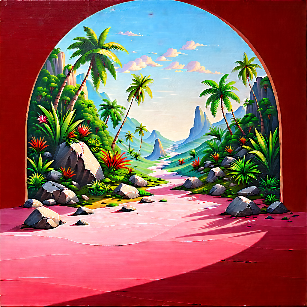 Nature Oil Painting: Tropical Plants In Rocky Terrain With Painting Tropical