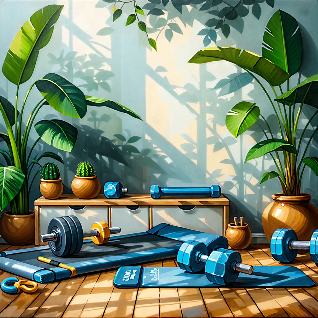 Lifestyle Oil Painting: Wellness Scene With Fitness Equipment With Image, There