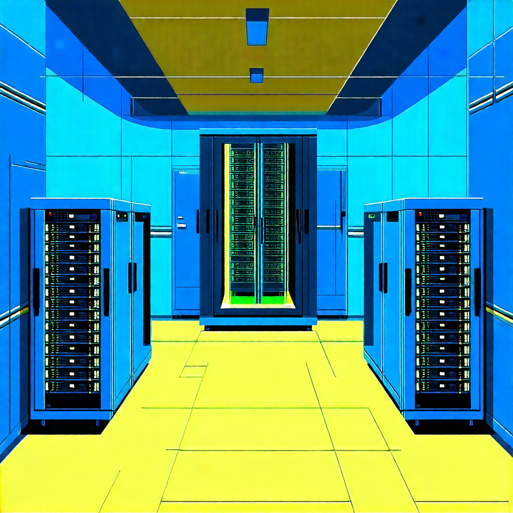 Tech Linocut Print: Futuristic Server Room With Image, There