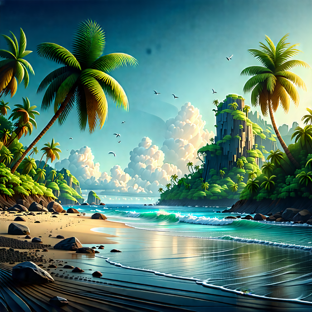 Nature Woodcut Print: Tropical Plants In Coastal Environment With Beautifully Drawn