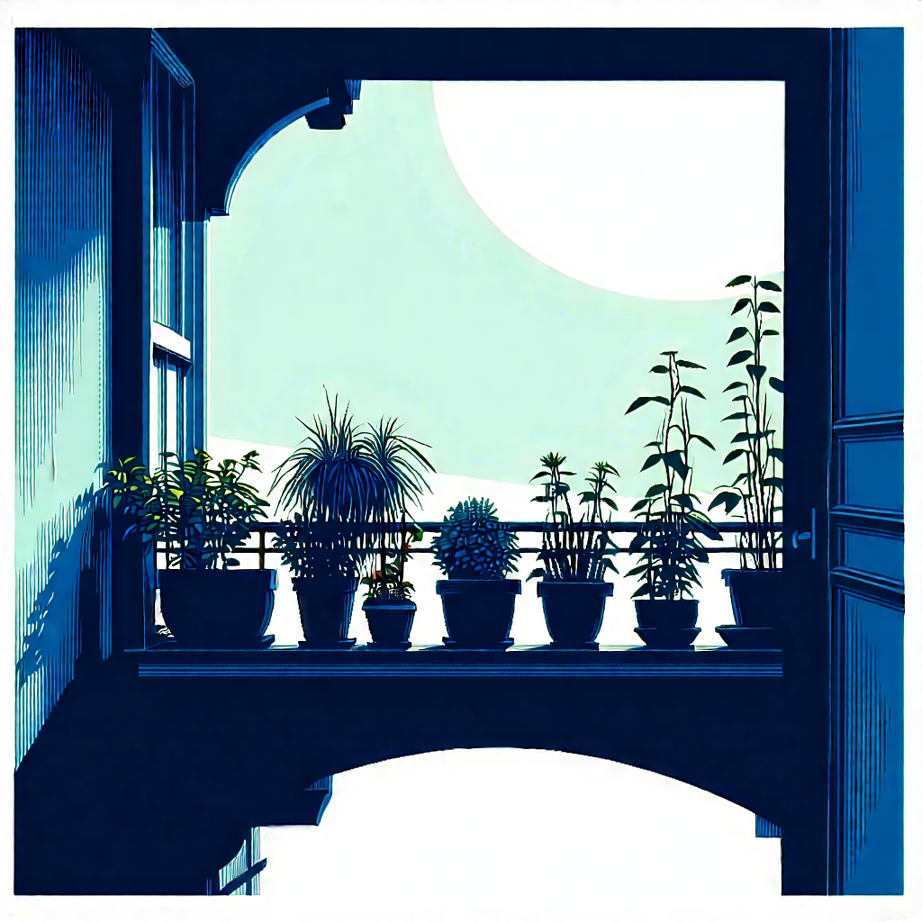 Lifestyle Linocut Print: Balcony Garden With Organized Space With Blue White