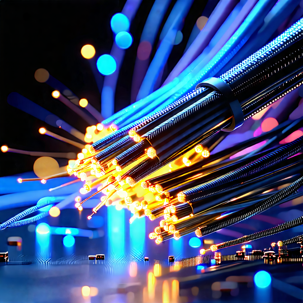 Tech Digital Art: Close-up Of Fiber Optic Cables With Close-up Bunch