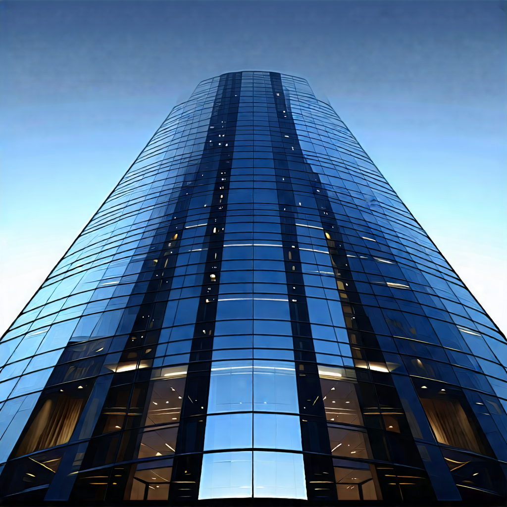 Urban Concept Art: Glass Office Tower With (dramatic:1.2) (lighting:1.31) With Tall Building