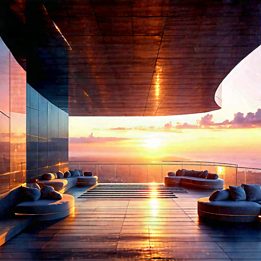 Urban Advertising Photography: Observation Deck With (sunset:1.27) Glow With Large, Modern