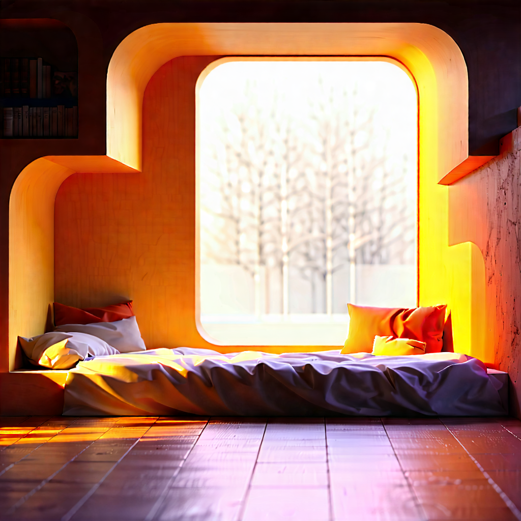 Lifestyle Minimalist Design: Reading Nook With Warm (lighting:1.14) With Cozy Bedroom