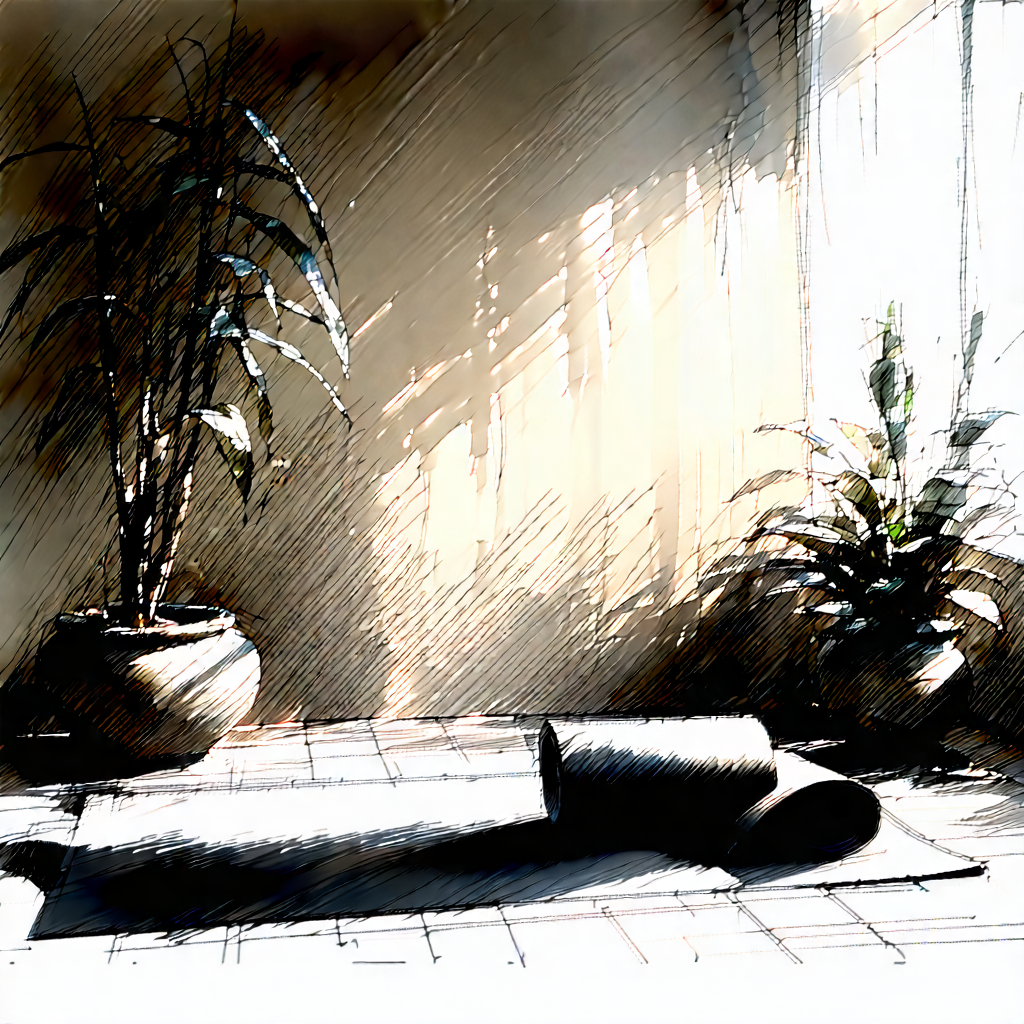 Lifestyle Charcoal Drawing: Wellness scene with yoga mat and plants