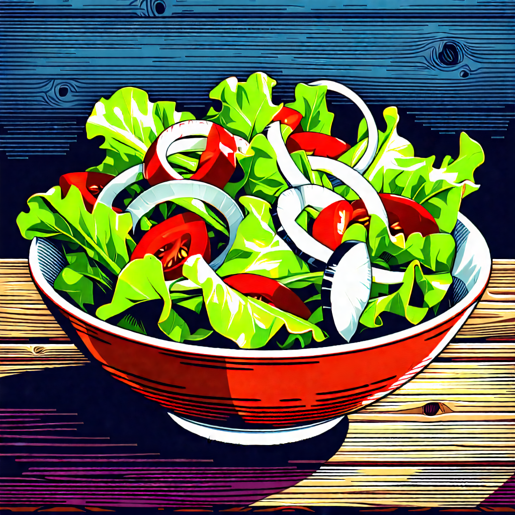 Lifestyle Linocut Print: Fresh Salad Prepared With Artistic Presentation With Large Bowl