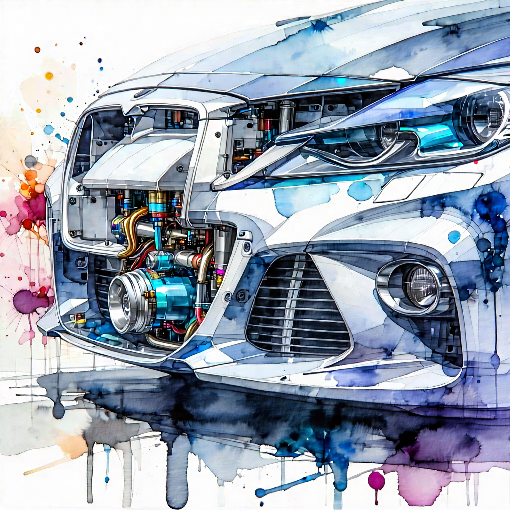 Tech Watercolor Painting: Automotive Technology In Research Center With Painting Car,