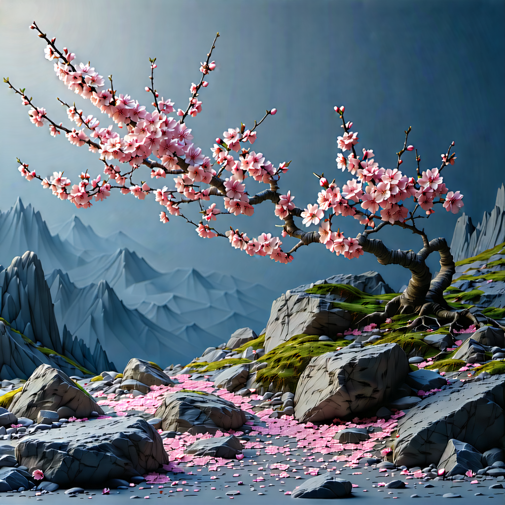 Nature Minimalist Design: Cherry Blossoms In Rocky Terrain With Beautifully Drawn