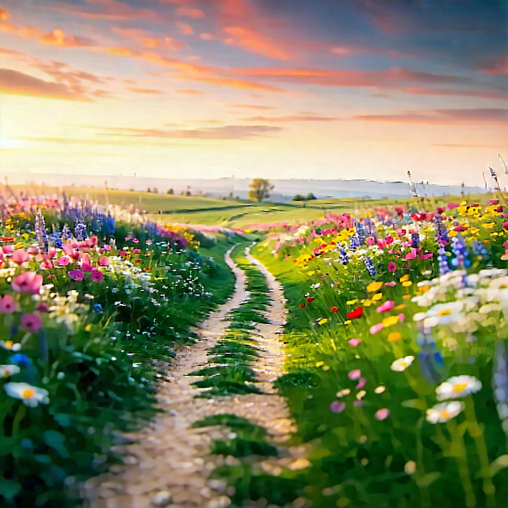 Nature Tilt-shift Photography: Path Through Flowering Meadow With Beautifully Drawn