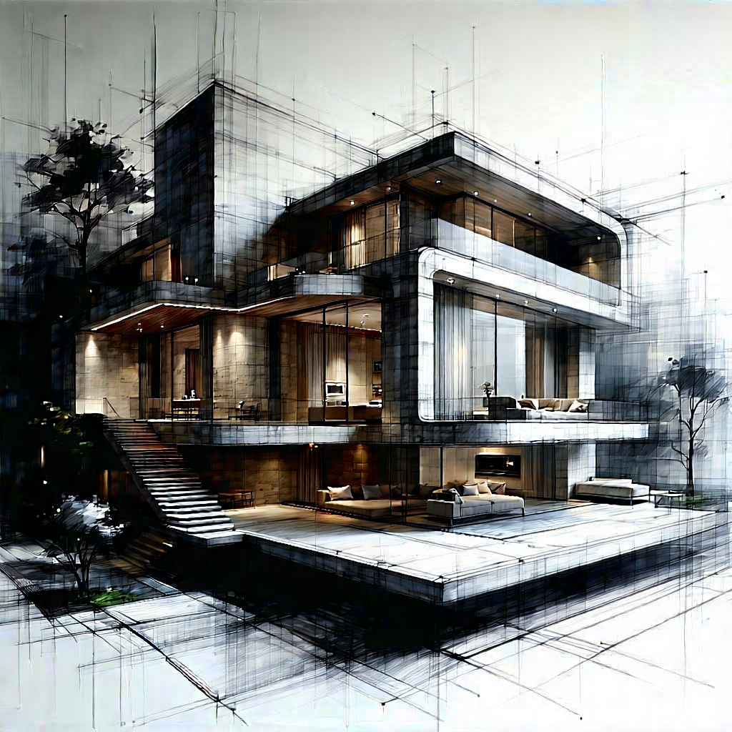 Tech Charcoal Drawing: Futuristic Smart Home With Black White