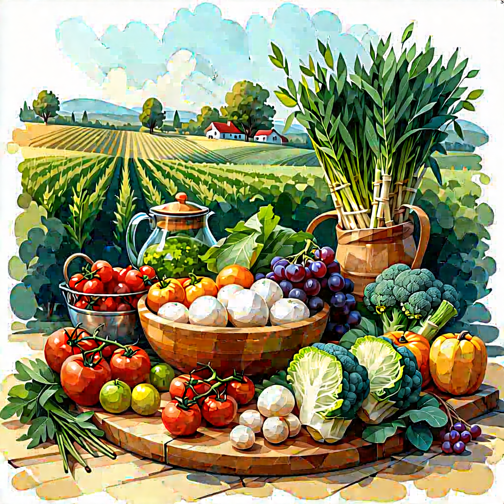 Lifestyle Gouache Painting: Farm-to-table meal prepared with vibrant colors