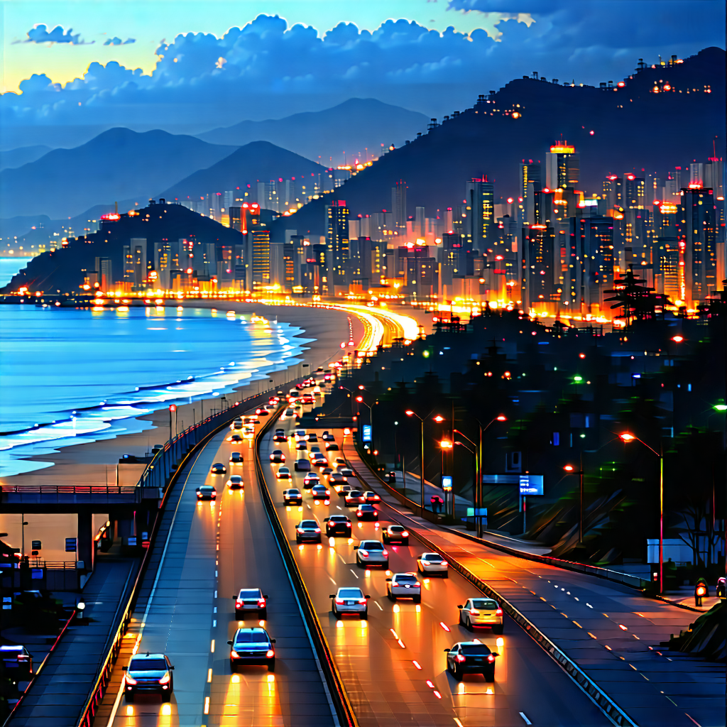 Urban Digital Art: Cityscape Of Coastal City During Rush Hour With Captures Beautiful