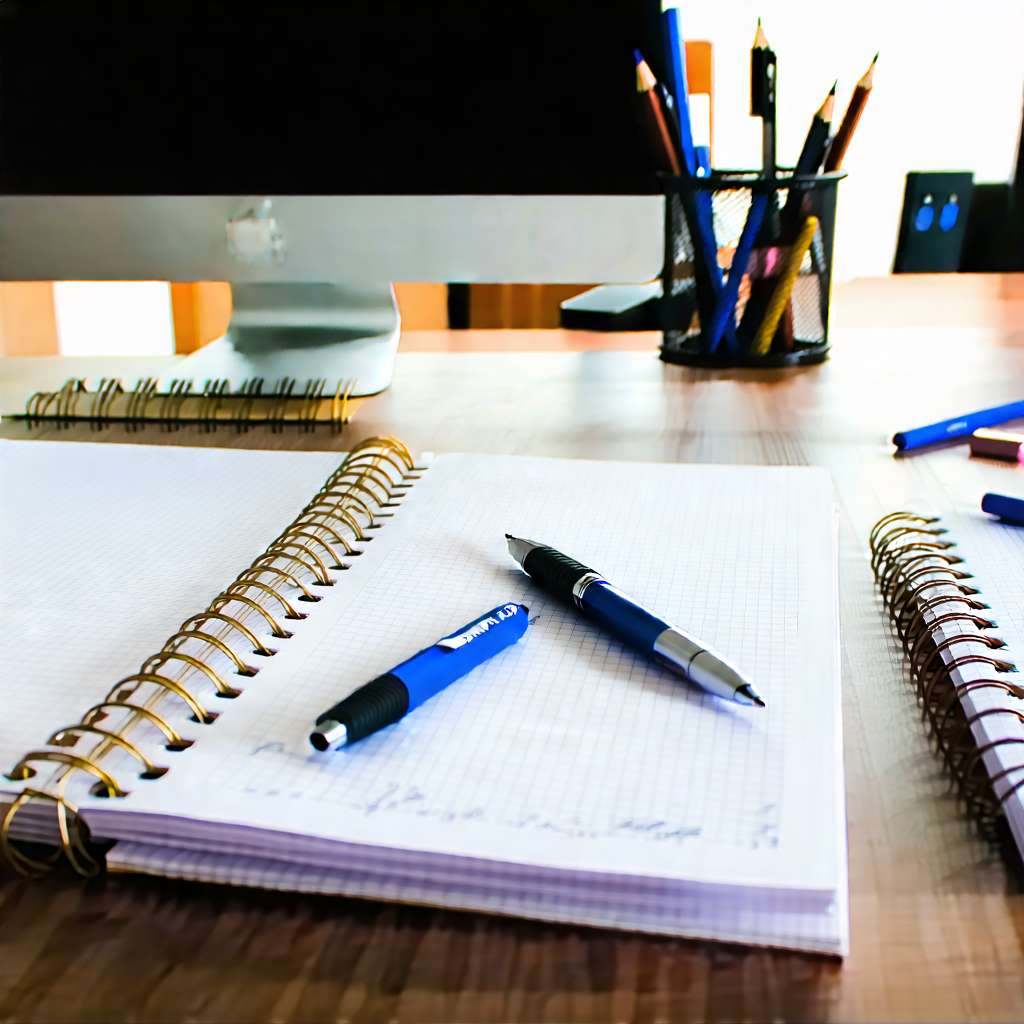Business Blender Artwork: Workplace with notebooks and pens on desk