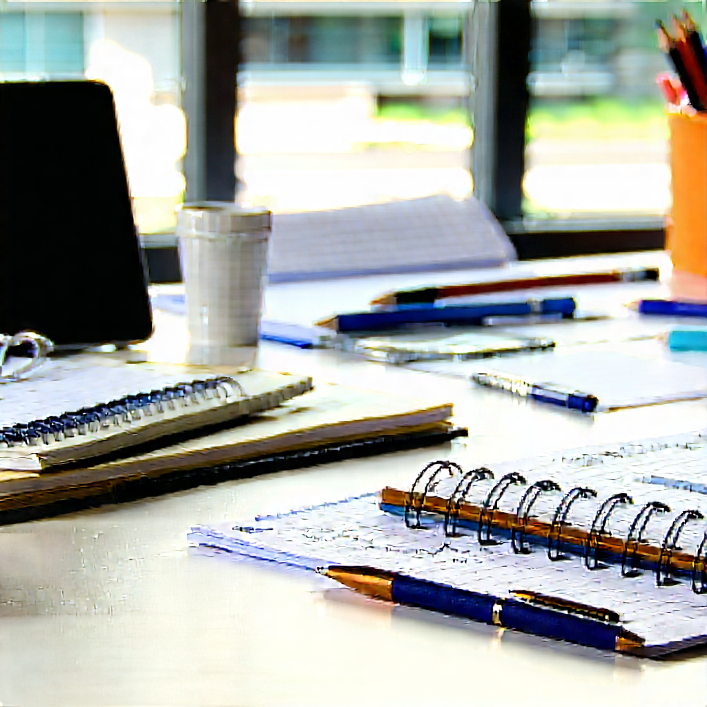 Business Infographic Style: Workplace with notebooks and pens on desk