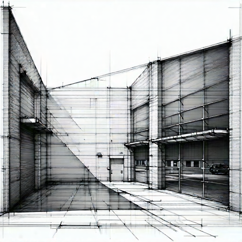 Urban Pencil Sketch: Converted Warehouse With Reflective Glass With Large Building
