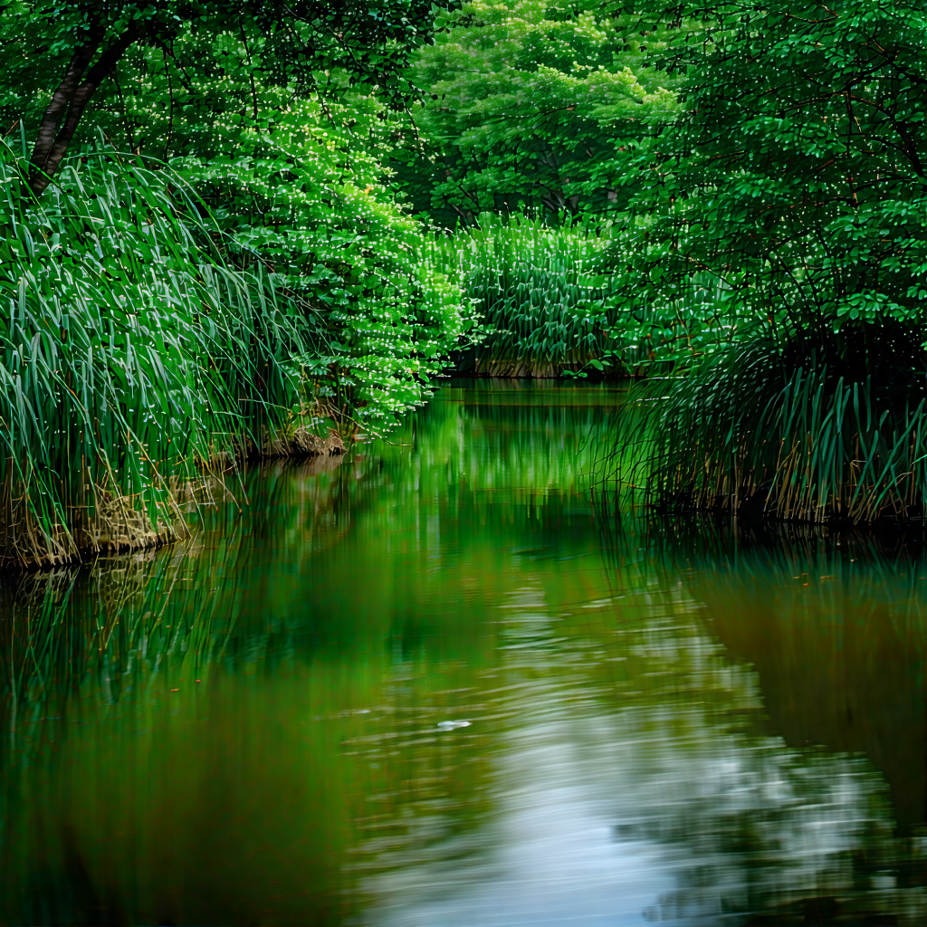 Nature Long Exposure Photography: Tranquil Pond Surrounded By Lush Vegetation With Serene Scene