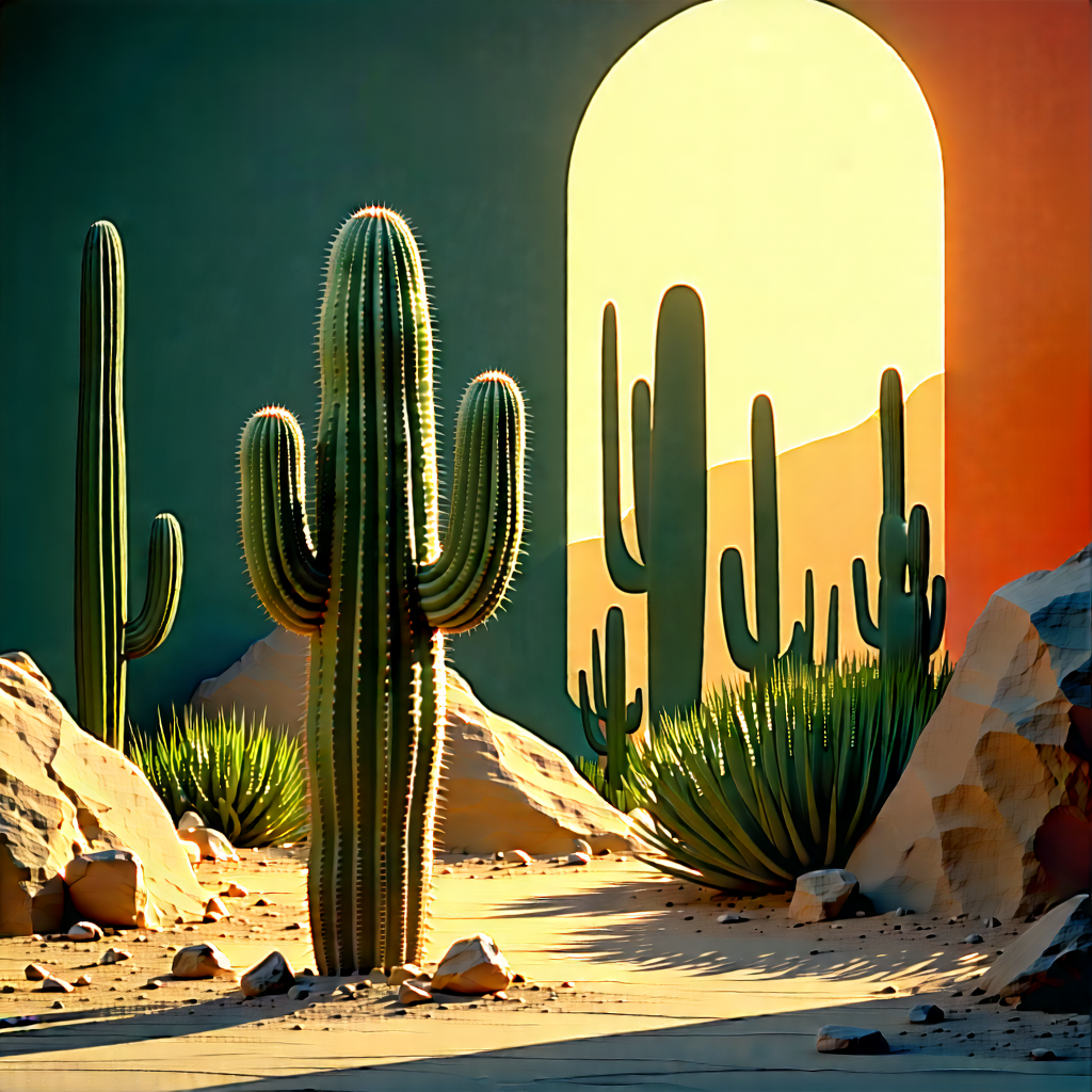 Nature Flat Design: Cactus In Sunlit Clearing With Image, There