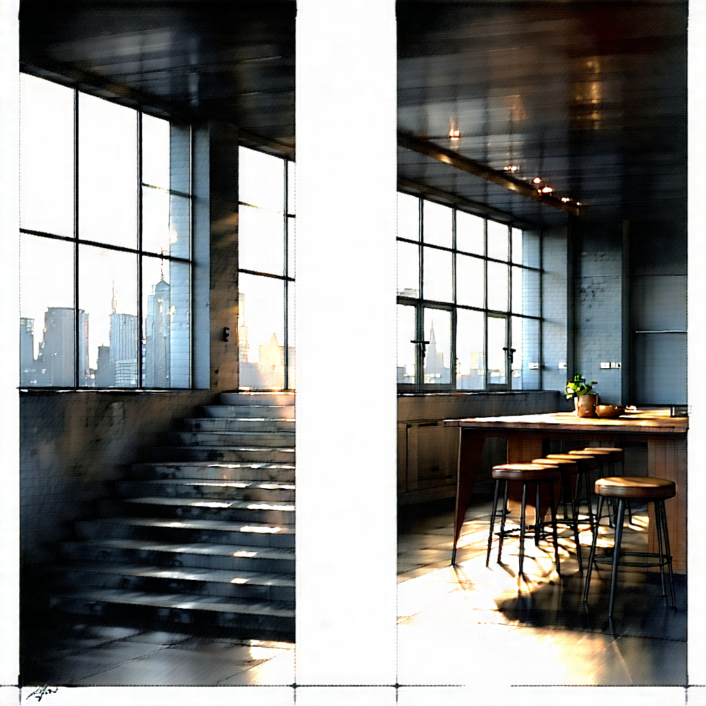 Urban Pencil Sketch: Urban Loft With Reflective Glass With Large Room