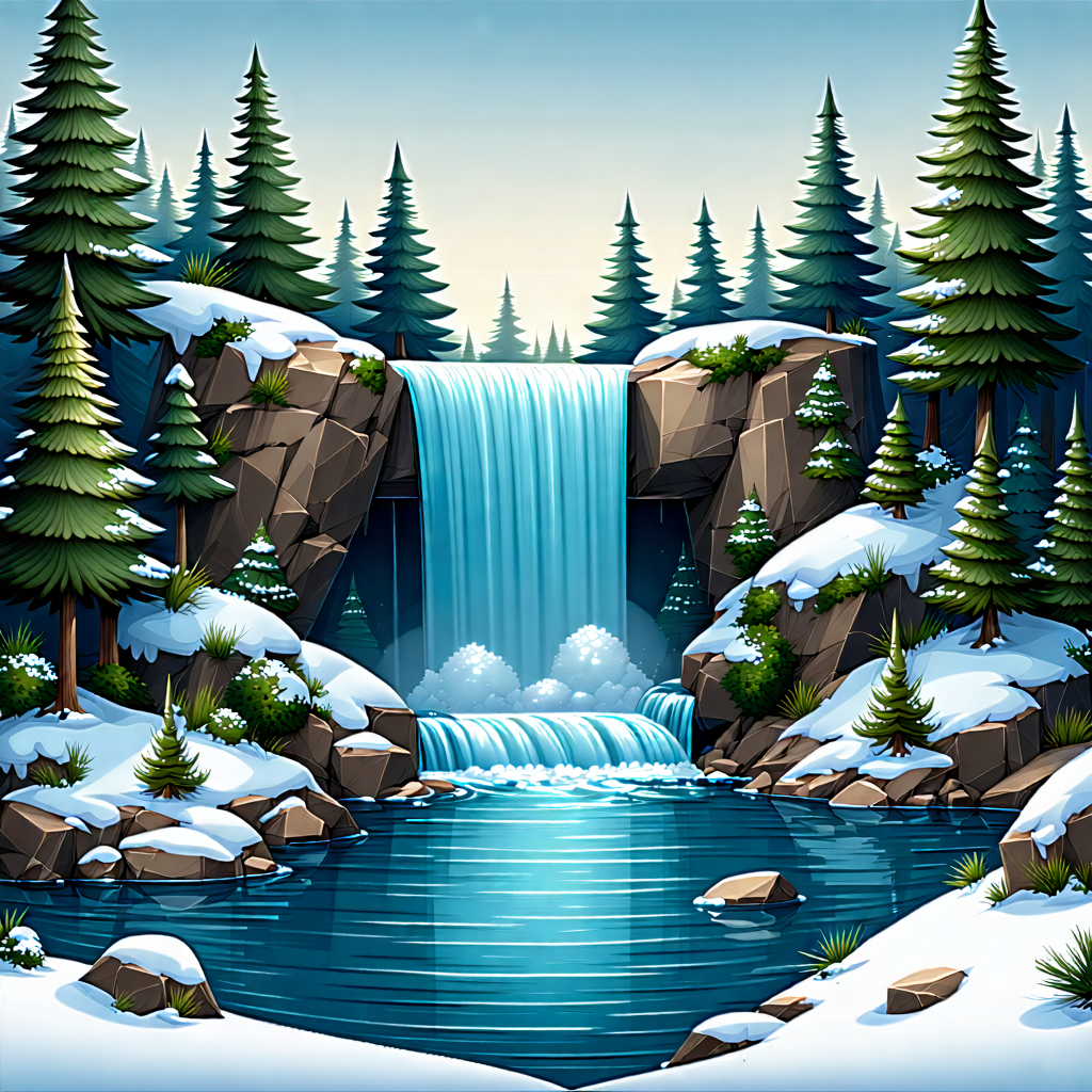 Nature Flat Design: Waterfall Pool Surrounded By Snow-covered (trees:1.22) With Image, There