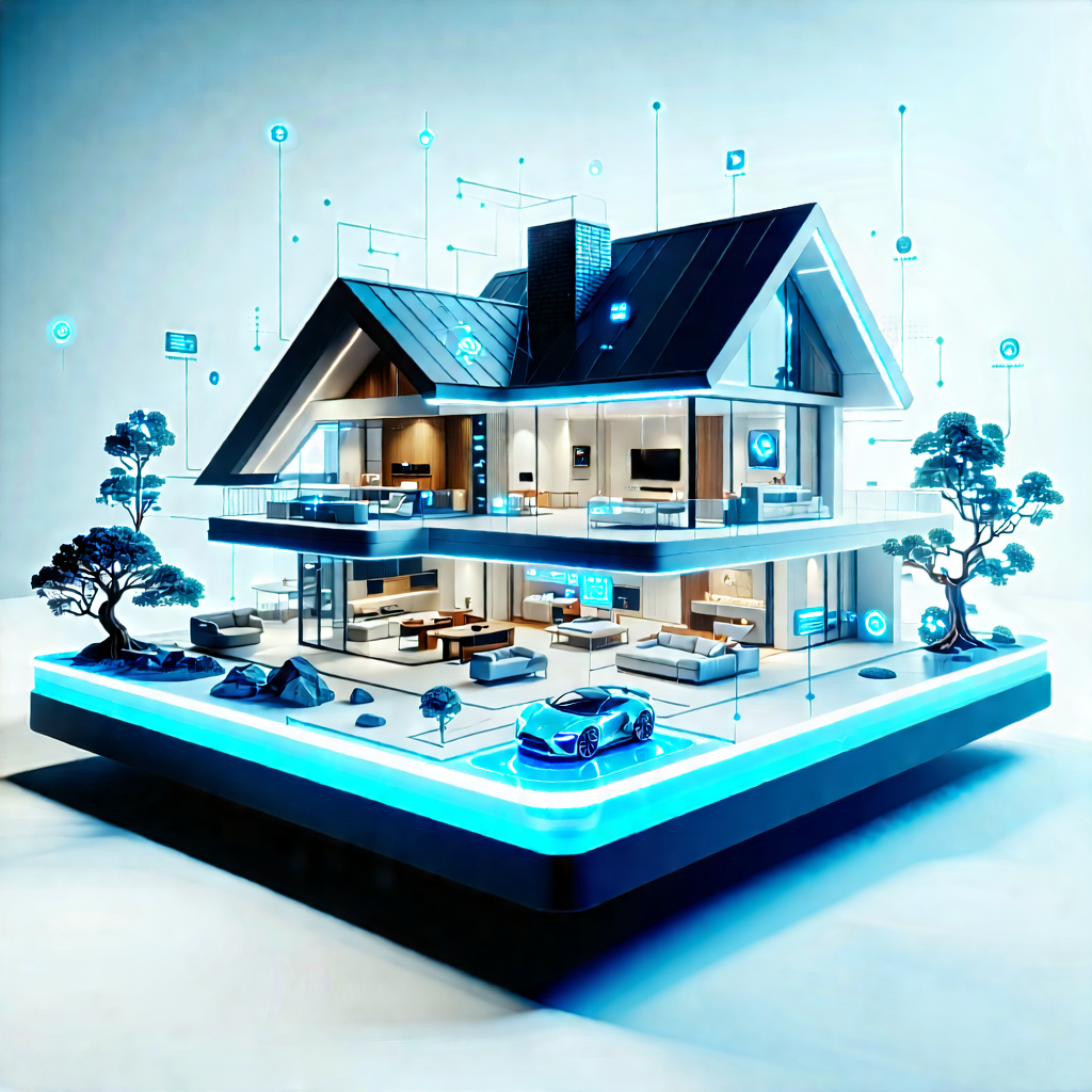 Tech Infographic Style: Futuristic Smart Home With Blue House
