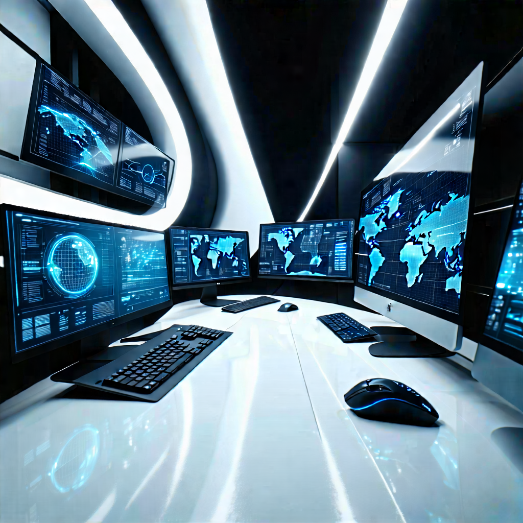 Tech Long Exposure Photography: (futuristic:1.12) Digital Workspace With Large Room
